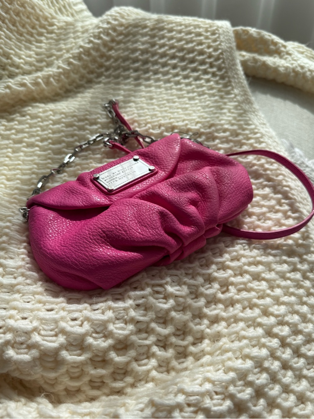 Pink Leather Shoulder Bag with Chain Detail